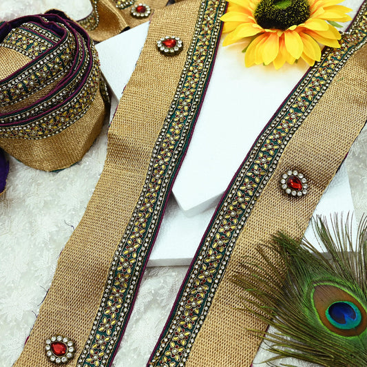 Indian Vintage Sari Border Golden Hand Embroidered Craft Trim Lace 1Yd Sewing Sari Ribbon Dress making Dress Designing Decor Dabka