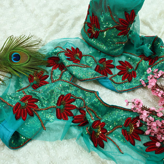 Indian Vintage Green Sari Border Hand Embroidered 1yd Craft Trim Lace Sewing Net/Mess Ribbon Recycled Sari Border Zardozi/ Dabka Zari