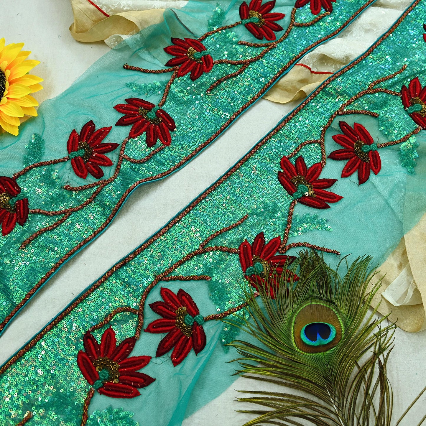 Indian Vintage Green Sari Border Hand Embroidered 1yd Craft Trim Lace Sewing Net/Mess Ribbon Recycled Sari Border Zardozi/ Dabka Zari