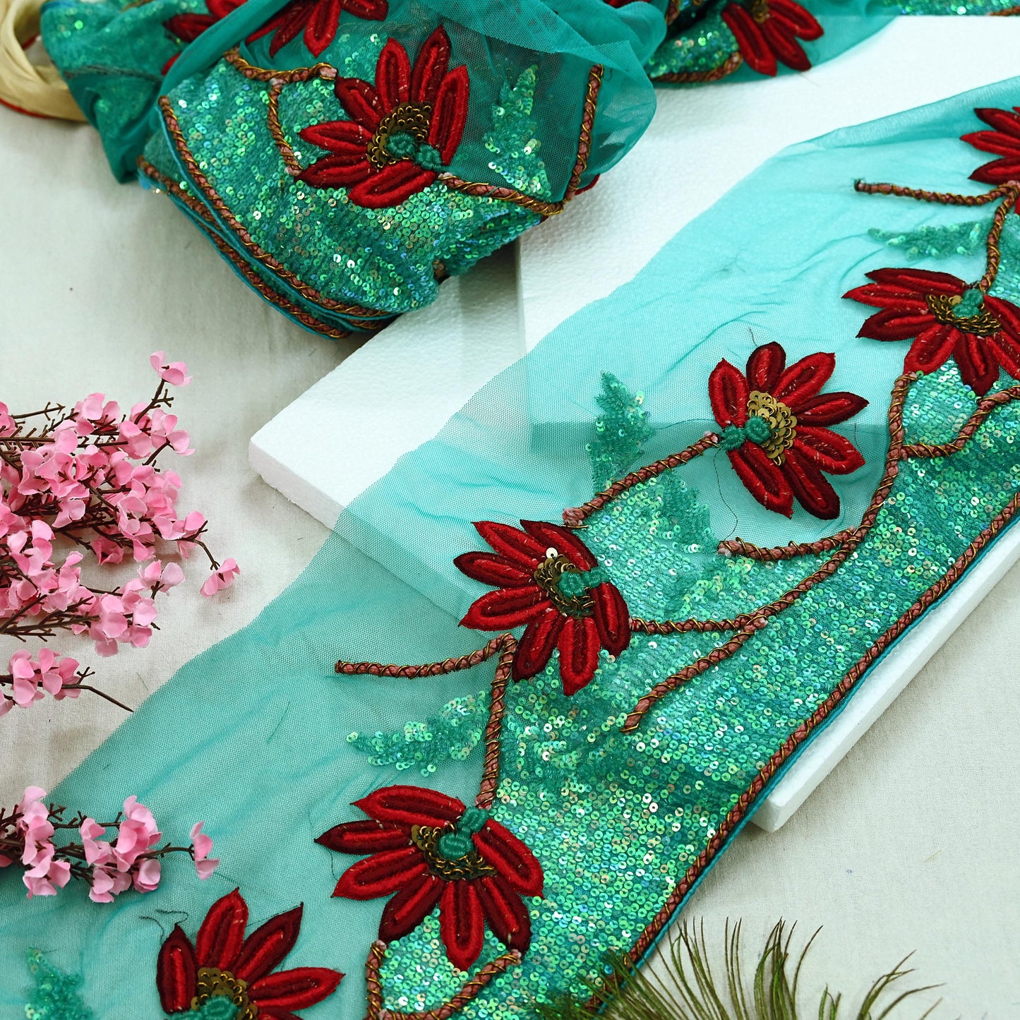 Indian Vintage Green Sari Border Hand Embroidered 1yd Craft Trim Lace Sewing Net/Mess Ribbon Recycled Sari Border Zardozi/ Dabka Zari