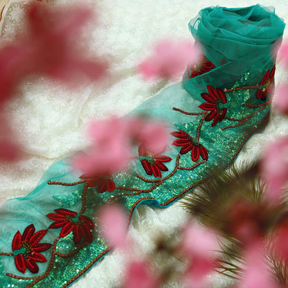 Indian Vintage Green Sari Border Hand Embroidered 1yd Craft Trim Lace Sewing Net/Mess Ribbon Recycled Sari Border Zardozi/ Dabka Zari