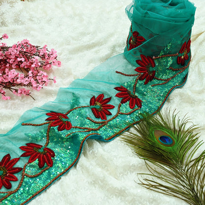 Indian Vintage Green Sari Border Hand Embroidered 1yd Craft Trim Lace Sewing Net/Mess Ribbon Recycled Sari Border Zardozi/ Dabka Zari