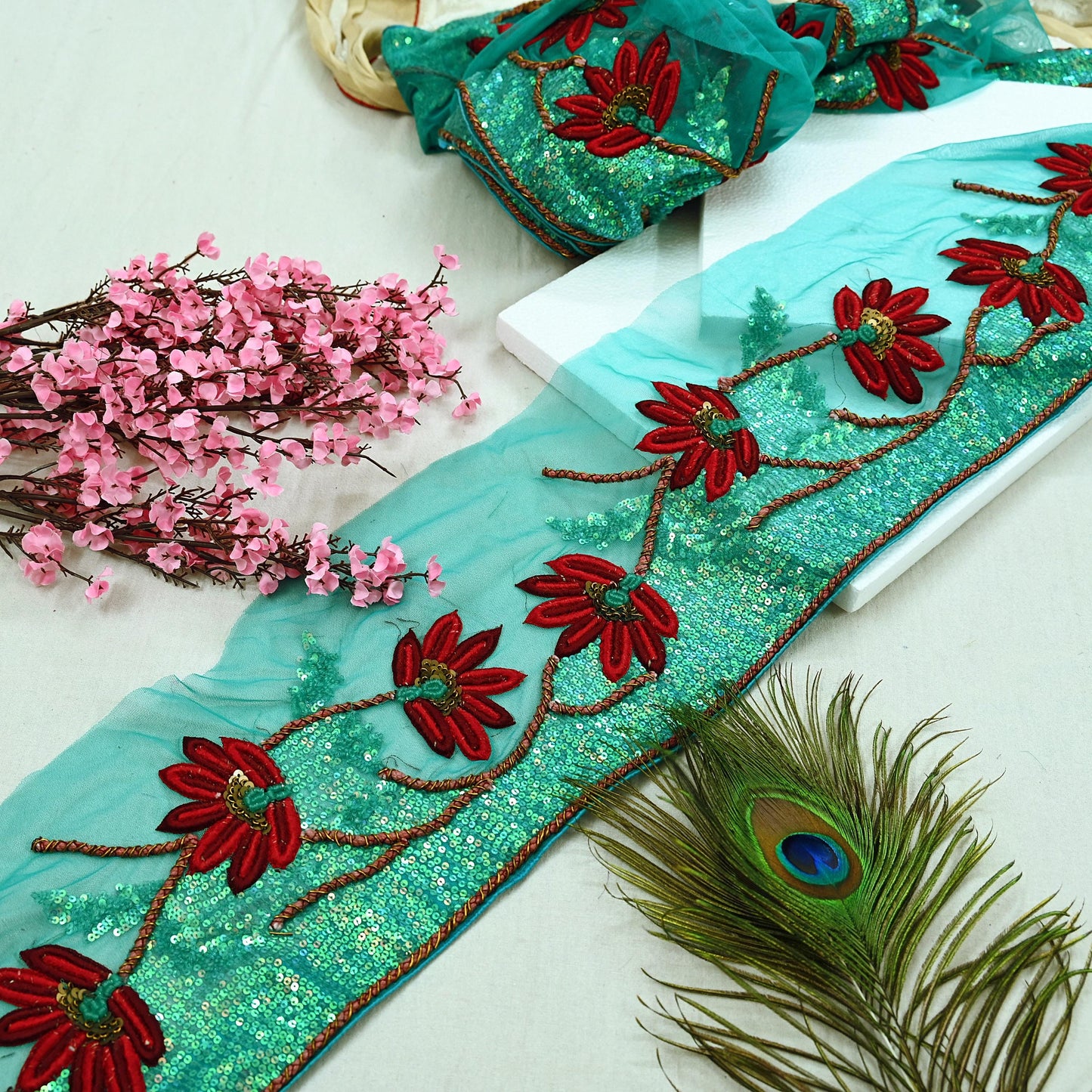 Indian Vintage Green Sari Border Hand Embroidered 1yd Craft Trim Lace Sewing Net/Mess Ribbon Recycled Sari Border Zardozi/ Dabka Zari