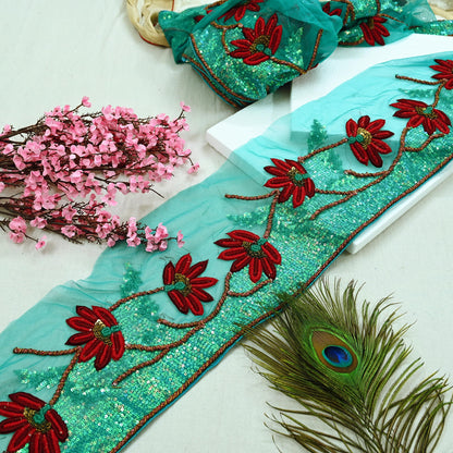 Indian Vintage Green Sari Border Hand Embroidered 1yd Craft Trim Lace Sewing Net/Mess Ribbon Recycled Sari Border Zardozi/ Dabka Zari