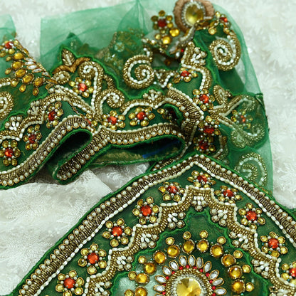 Indian Vintage Green Sari Border Hand Embroidered 1yd Craft Trim Lace Sewing Net/Mess Ribbon Recycled Sari Border Zardozi/ Dabka Zari