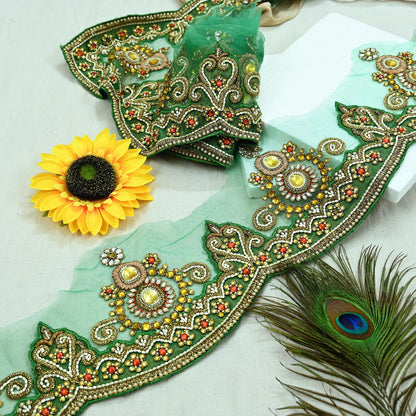 Indian Vintage Green Sari Border Hand Embroidered 1yd Craft Trim Lace Sewing Net/Mess Ribbon Recycled Sari Border Zardozi/ Dabka Zari