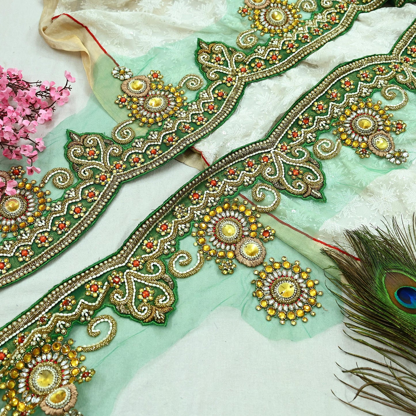 Indian Vintage Green Sari Border Hand Embroidered 1yd Craft Trim Lace Sewing Net/Mess Ribbon Recycled Sari Border Zardozi/ Dabka Zari