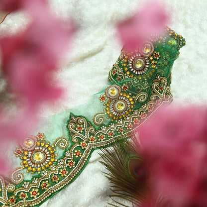Indian Vintage Green Sari Border Hand Embroidered 1yd Craft Trim Lace Sewing Net/Mess Ribbon Recycled Sari Border Zardozi/ Dabka Zari