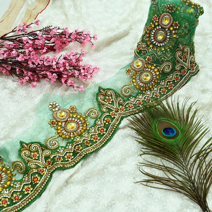 Indian Vintage Green Sari Border Hand Embroidered 1yd Craft Trim Lace Sewing Net/Mess Ribbon Recycled Sari Border Zardozi/ Dabka Zari