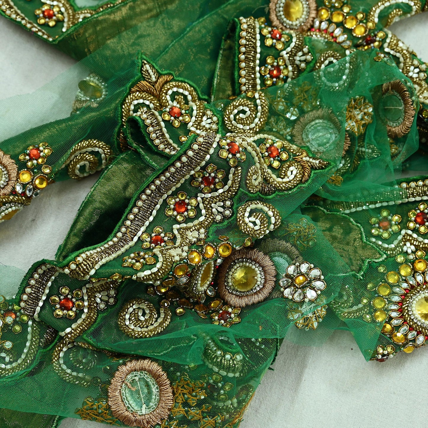 Indian Vintage Green Sari Border Hand Embroidered 1yd Craft Trim Lace Sewing Net/Mess Ribbon Recycled Sari Border Zardozi/ Dabka Zari