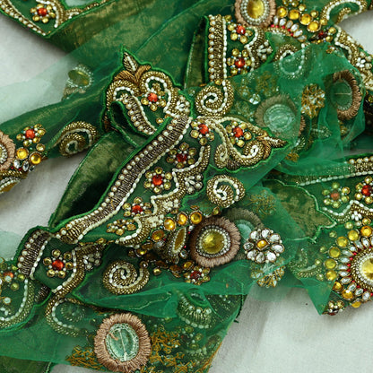 Indian Vintage Green Sari Border Hand Embroidered 1yd Craft Trim Lace Sewing Net/Mess Ribbon Recycled Sari Border Zardozi/ Dabka Zari