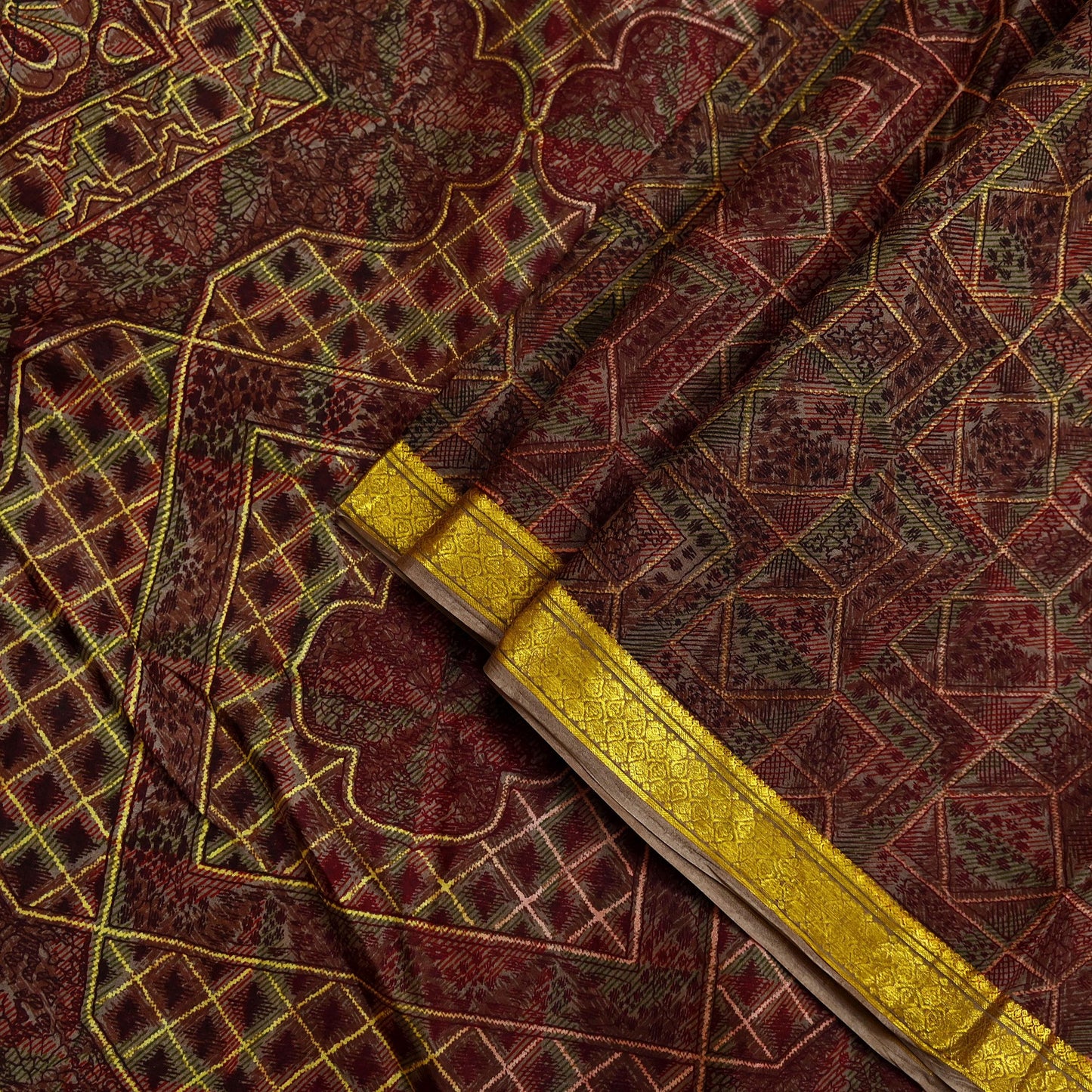 Indian Vintage Sari Brown Pure Silk Printed Saree Craft Fabric 6yard Sewing DressMaking Soft Wrap Abstract Zari Crafting Quilting Upcycle