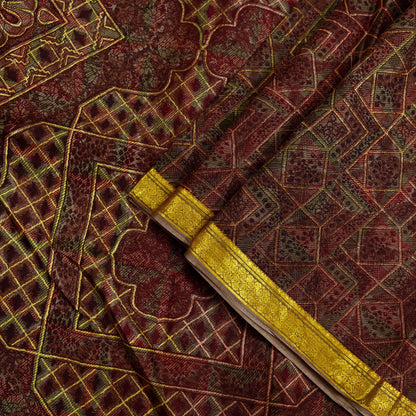 Indian Vintage Sari Brown Pure Silk Printed Saree Craft Fabric 6yard Sewing DressMaking Soft Wrap Abstract Zari Crafting Quilting Upcycle