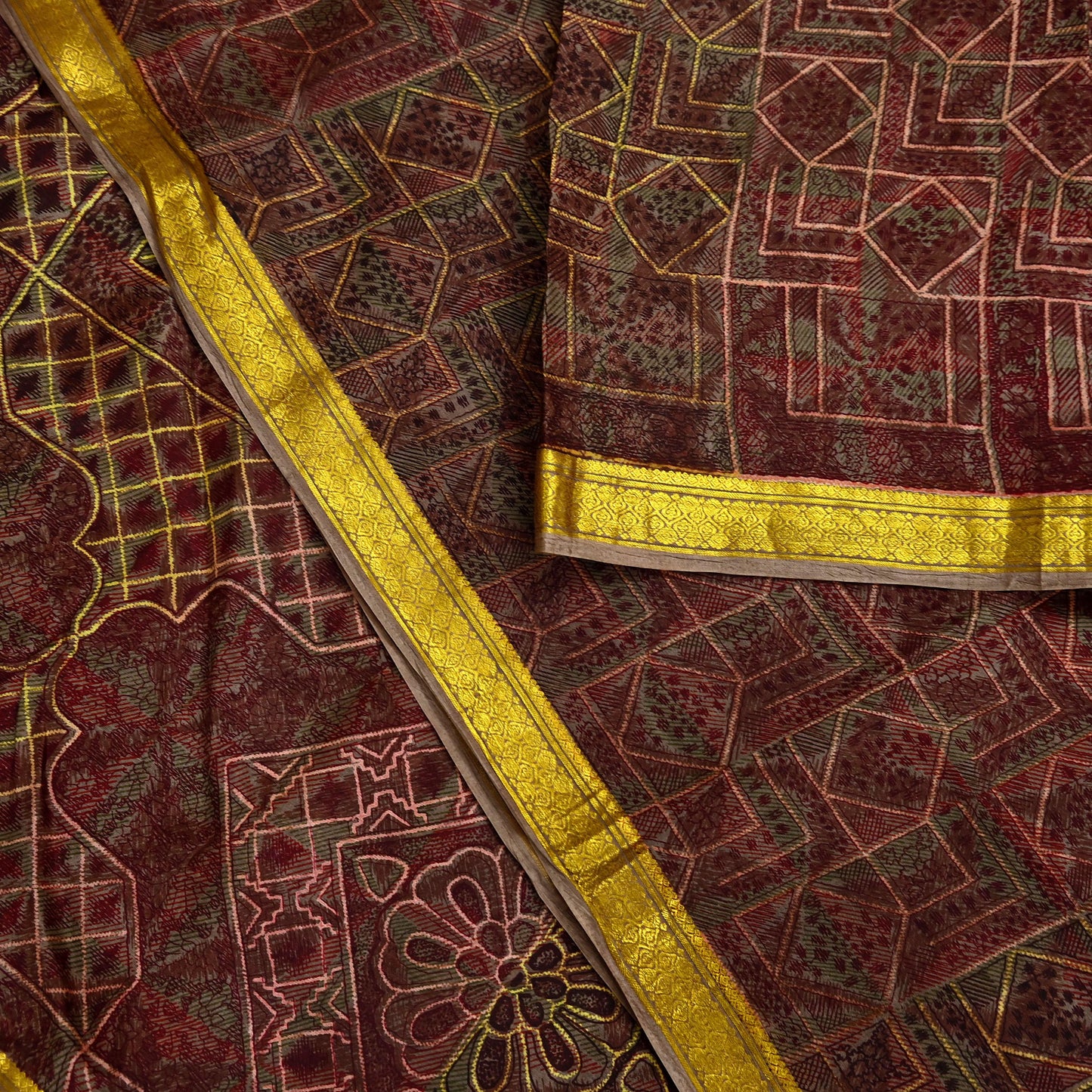 Indian Vintage Sari Brown Pure Silk Printed Saree Craft Fabric 6yard Sewing DressMaking Soft Wrap Abstract Zari Crafting Quilting Upcycle
