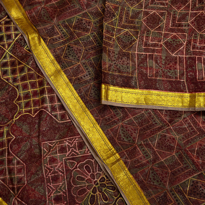 Indian Vintage Sari Brown Pure Silk Printed Saree Craft Fabric 6yard Sewing DressMaking Soft Wrap Abstract Zari Crafting Quilting Upcycle