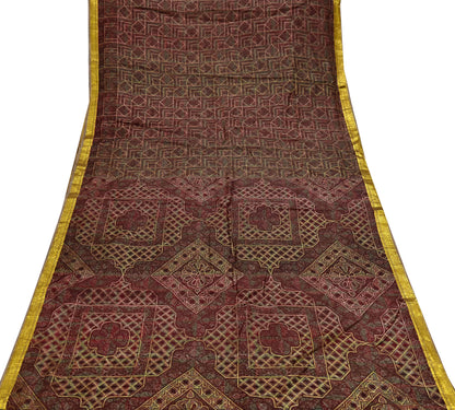Indian Vintage Sari Brown Pure Silk Printed Saree Craft Fabric 6yard Sewing DressMaking Soft Wrap Abstract Zari Crafting Quilting Upcycle