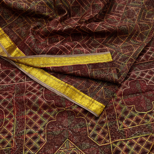 Indian Vintage Sari Brown Pure Silk Printed Saree Craft Fabric 6yard Sewing DressMaking Soft Wrap Abstract Zari Crafting Quilting Upcycle
