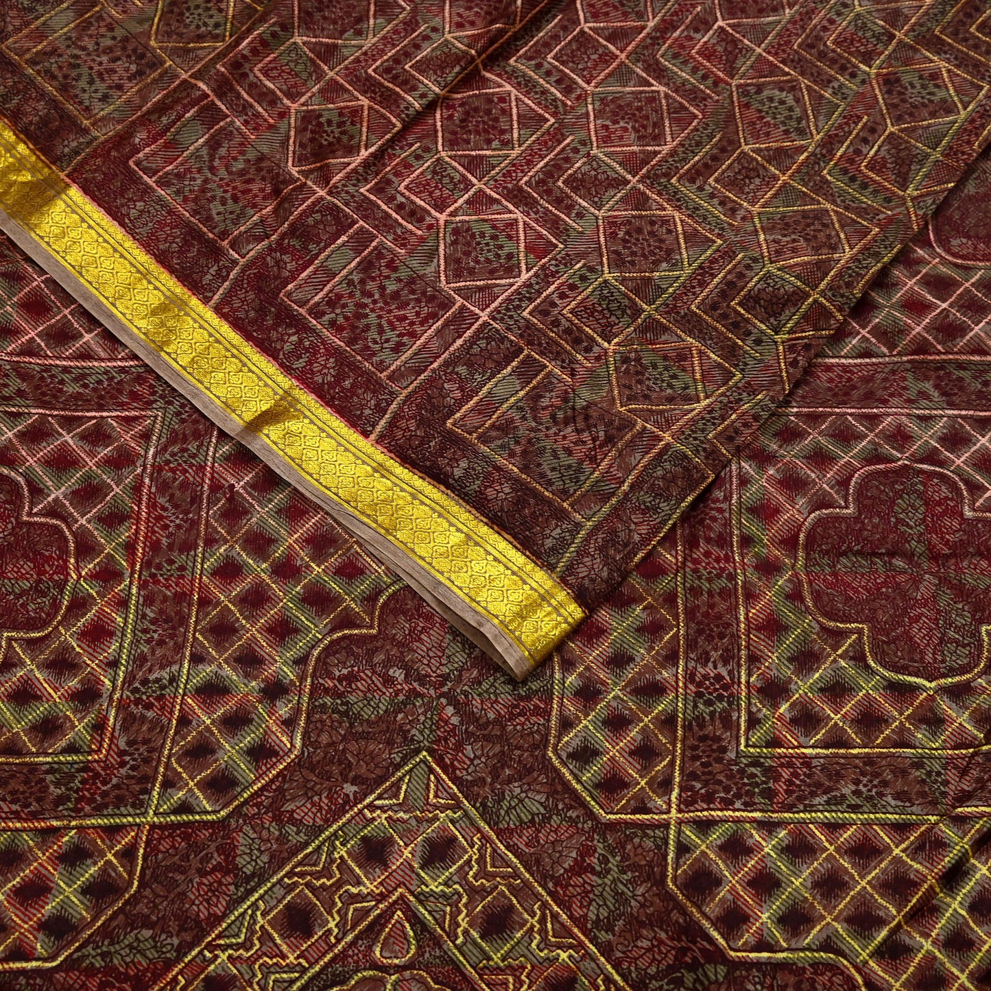 Indian Vintage Sari Brown Pure Silk Printed Saree Craft Fabric 6yard Sewing DressMaking Soft Wrap Abstract Zari Crafting Quilting Upcycle