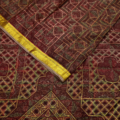 Indian Vintage Sari Brown Pure Silk Printed Saree Craft Fabric 6yard Sewing DressMaking Soft Wrap Abstract Zari Crafting Quilting Upcycle