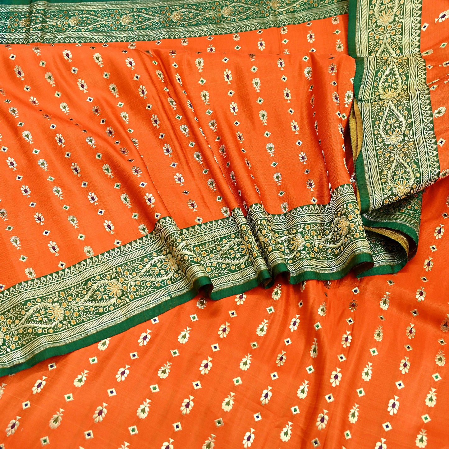 Indian Vintage Sari Orange Heavy Pure Satin Silk Woven Banarasi Brocade Saree Zari 5Yd Ethnic Dress making Crafting Bollywood