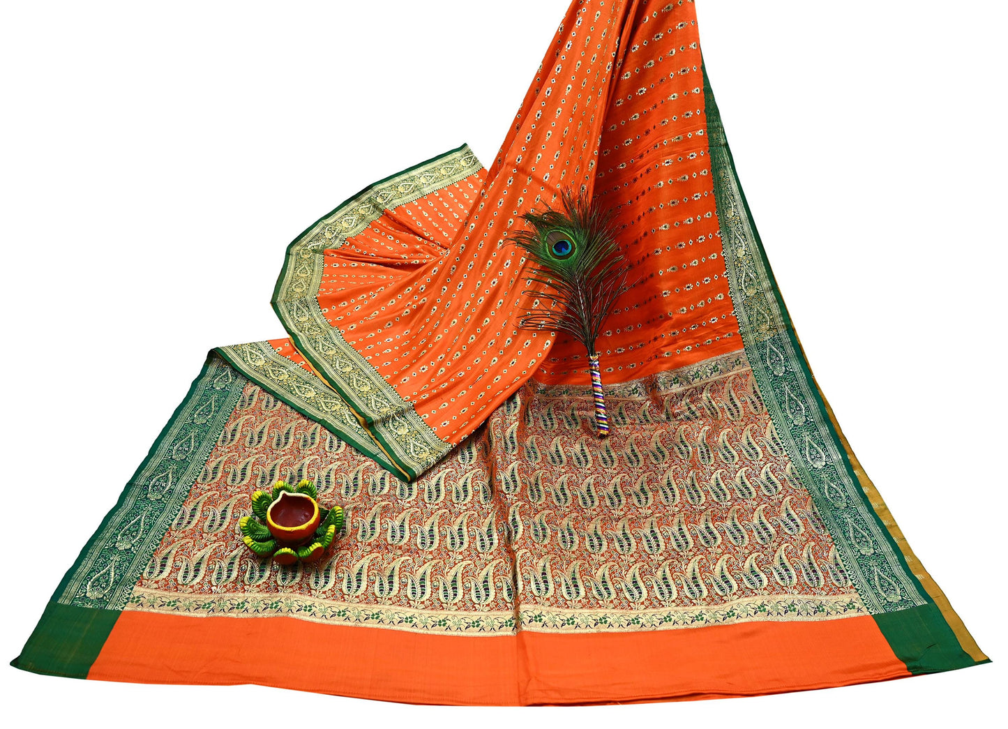 Indian Vintage Sari Orange Heavy Pure Satin Silk Woven Banarasi Brocade Saree Zari 5Yd Ethnic Dress making Crafting Bollywood