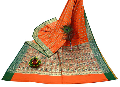 Indian Vintage Sari Orange Heavy Pure Satin Silk Woven Banarasi Brocade Saree Zari 5Yd Ethnic Dress making Crafting Bollywood