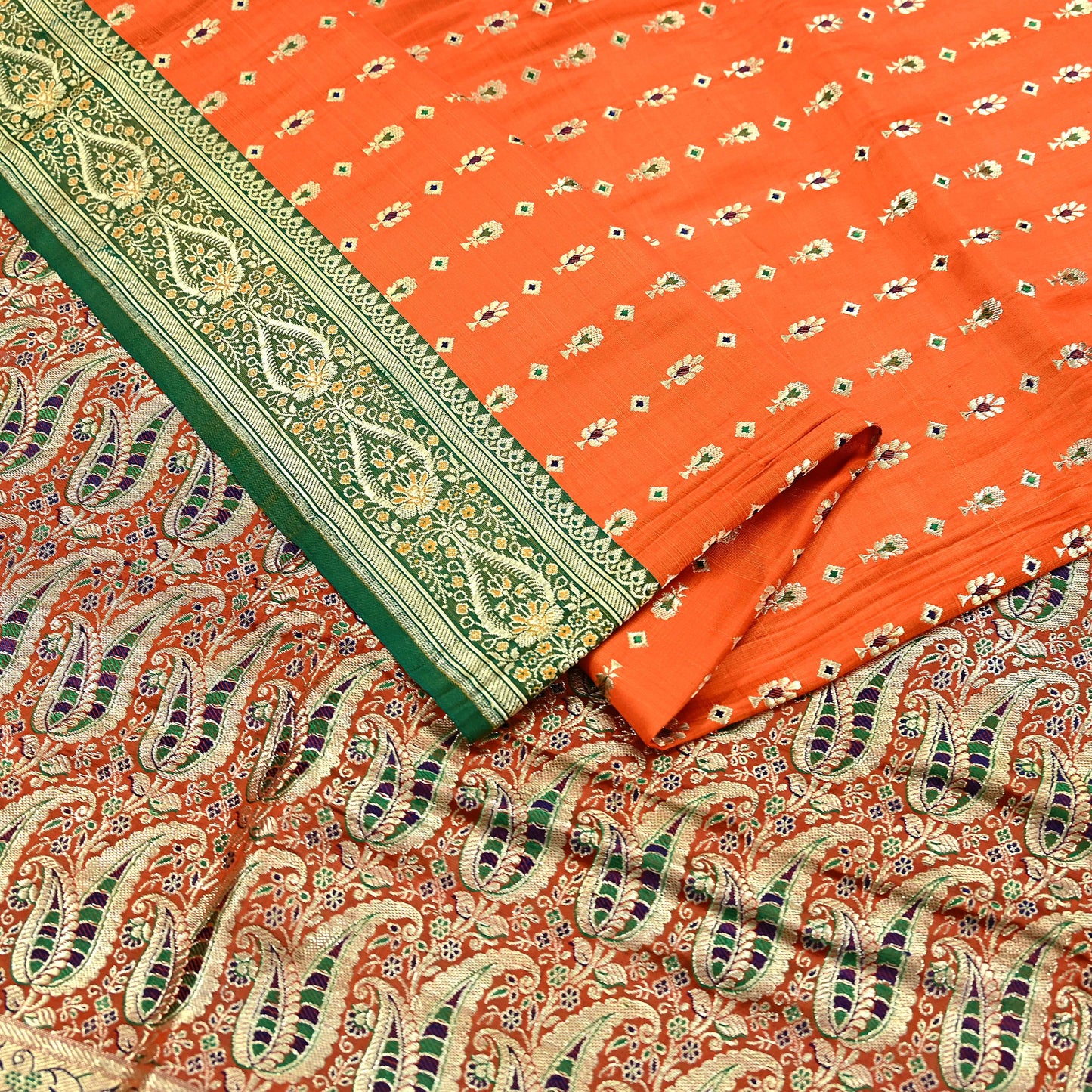 Indian Vintage Sari Orange Heavy Pure Satin Silk Woven Banarasi Brocade Saree Zari 5Yd Ethnic Dress making Crafting Bollywood