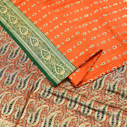 Indian Vintage Sari Orange Heavy Pure Satin Silk Woven Banarasi Brocade Saree Zari 5Yd Ethnic Dress making Crafting Bollywood