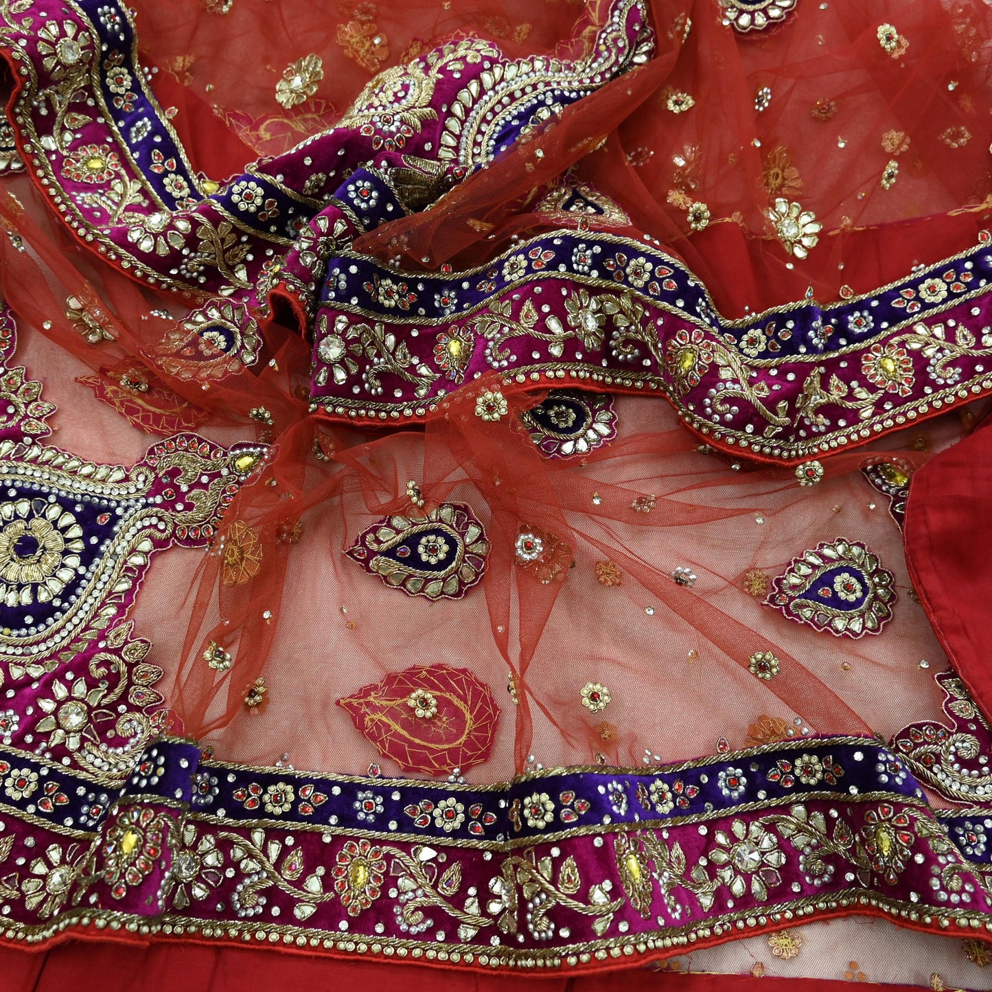 Indian Vintage Heavy Bridal Red Dupatta Net Mesh Long Stole Hand Embroidered Scarves Golden Zardozi Dabka Zari Sequins Wedding Veil Hijab