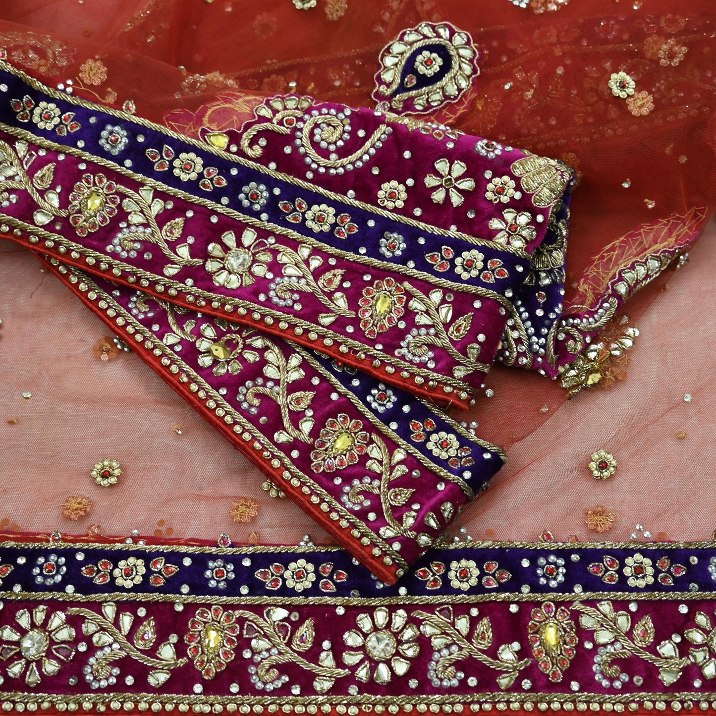 Indian Vintage Heavy Bridal Red Dupatta Net Mesh Long Stole Hand Embroidered Scarves Golden Zardozi Dabka Zari Sequins Wedding Veil Hijab