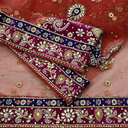 Indian Vintage Heavy Bridal Red Dupatta Net Mesh Long Stole Hand Embroidered Scarves Golden Zardozi Dabka Zari Sequins Wedding Veil Hijab