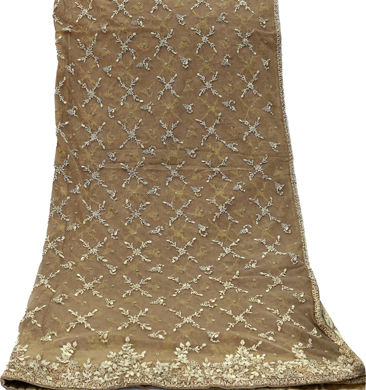 Indian Vintage Heavy Green Dupatta Net Mesh Long Stole Hand Embroidered Scarf Zardozi Zari Sequins Stole Bridal Veil