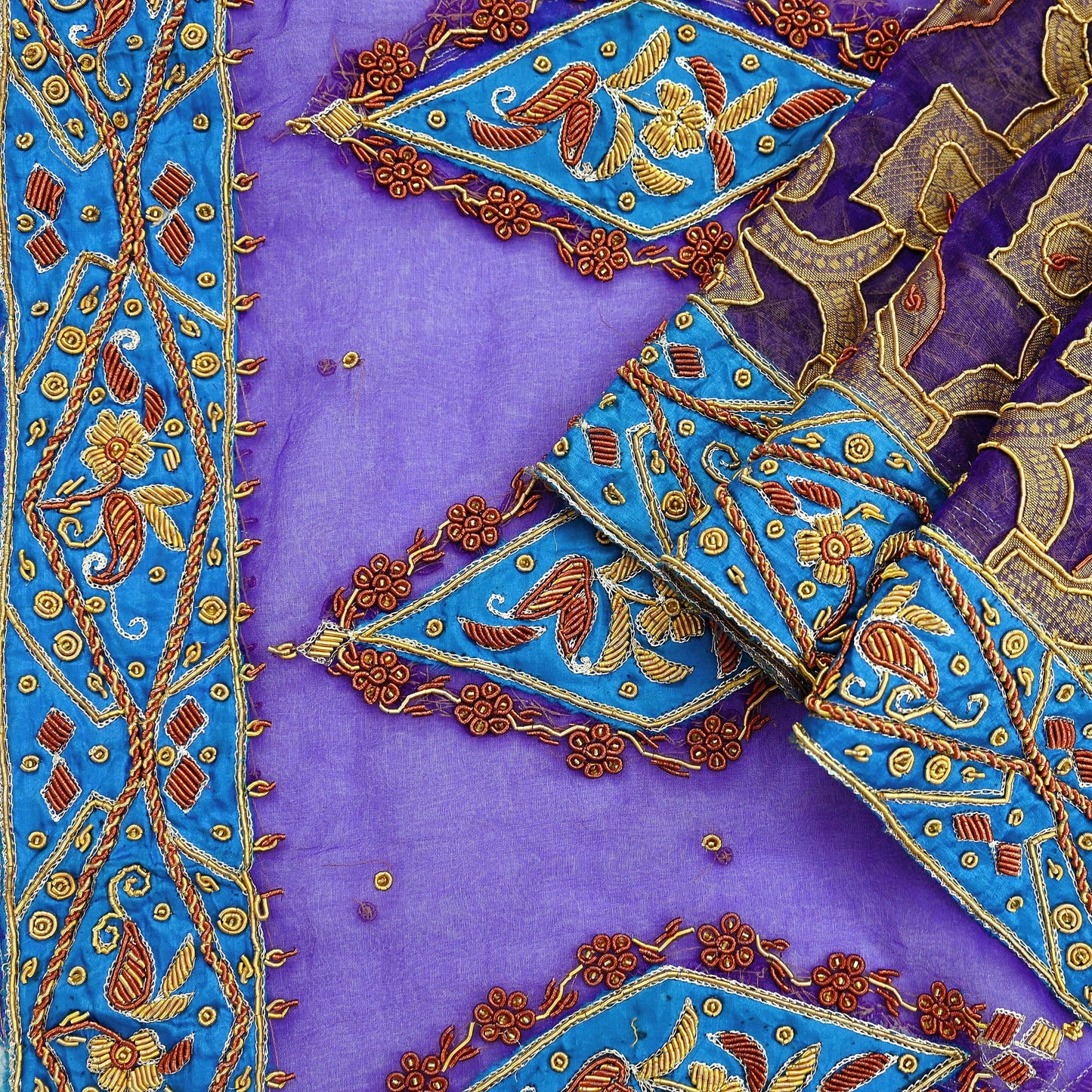 Indian Vintage Heavy Wedding Purple Dupatta Pure Organza Silk Long Stole Hand Embroidered Scarves Zardozi Zari Bridal Veil Wrap Hijab