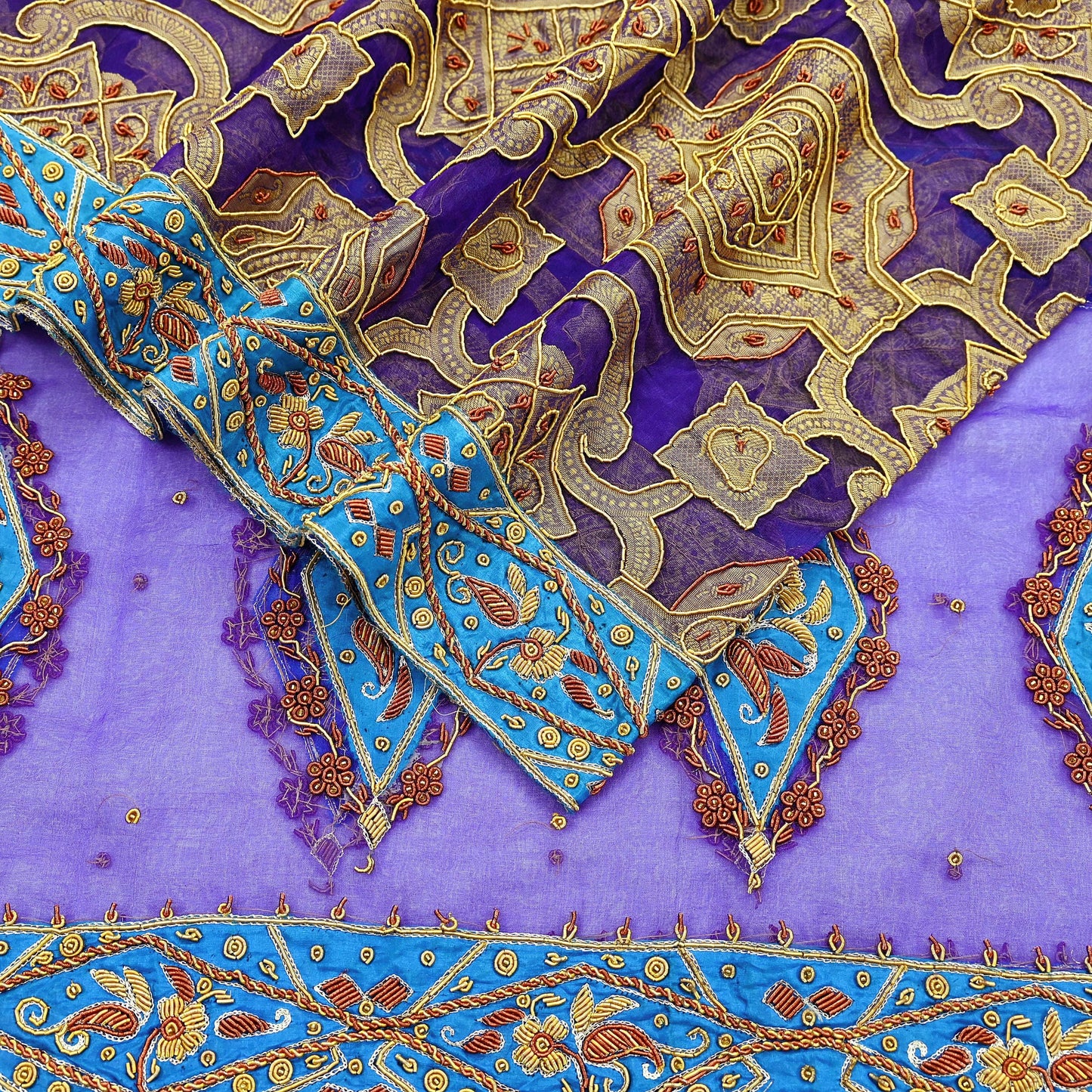 Indian Vintage Heavy Wedding Purple Dupatta Pure Organza Silk Long Stole Hand Embroidered Scarves Zardozi Zari Bridal Veil Wrap Hijab