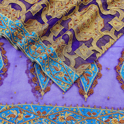 Indian Vintage Heavy Wedding Purple Dupatta Pure Organza Silk Long Stole Hand Embroidered Scarves Zardozi Zari Bridal Veil Wrap Hijab