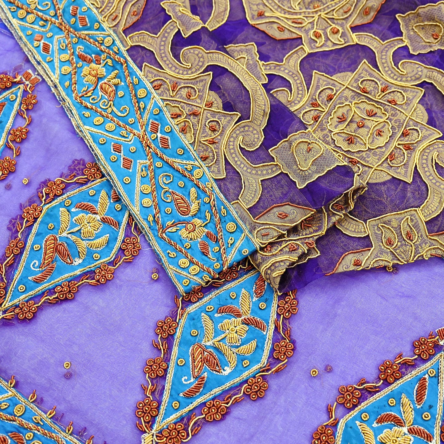 Indian Vintage Heavy Wedding Purple Dupatta Pure Organza Silk Long Stole Hand Embroidered Scarves Zardozi Zari Bridal Veil Wrap Hijab