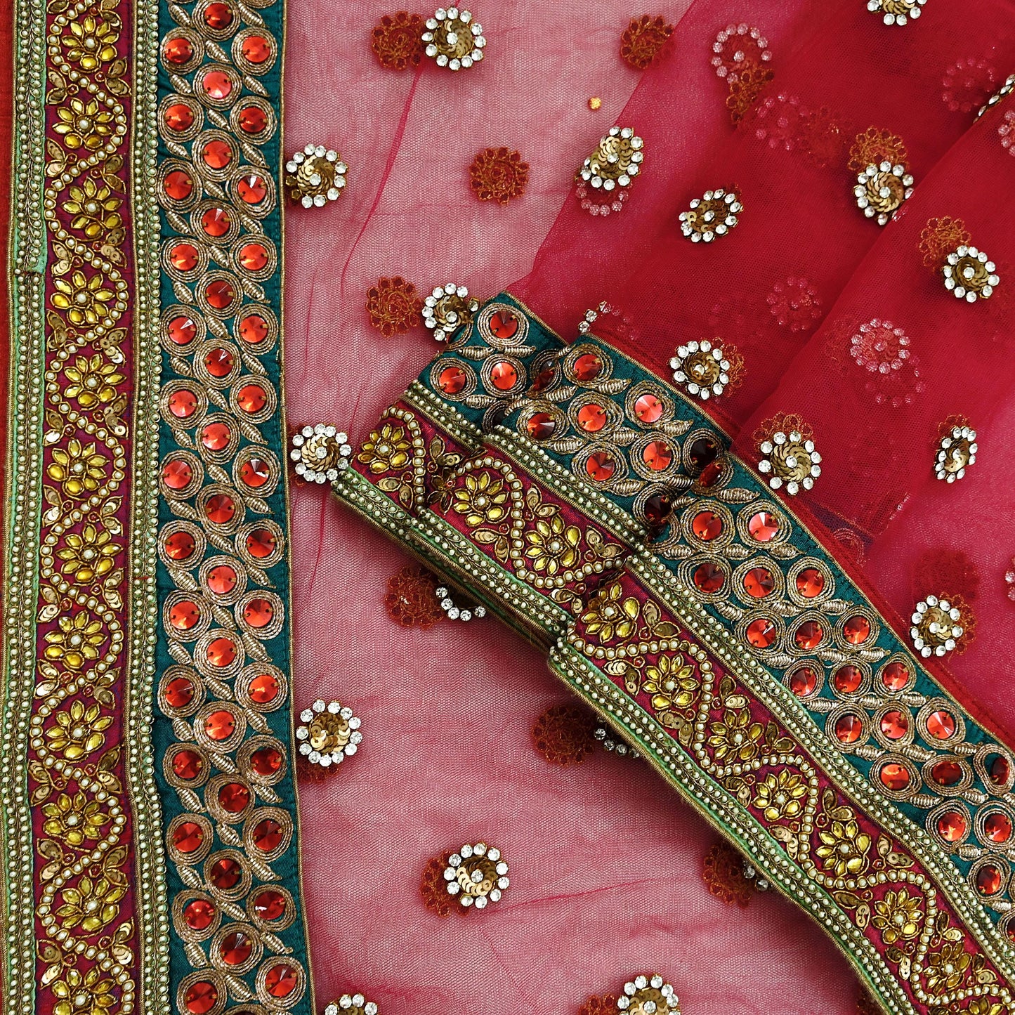 Indian Vintage Heavy Pink Dupatta Net Mesh Long Stole Hand Embroidered Scarf Zardozi Zari Glass Beaded Stole