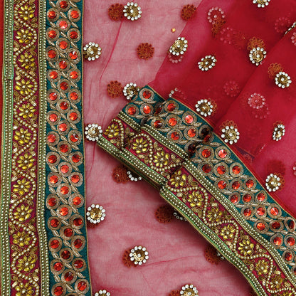 Indian Vintage Heavy Pink Dupatta Net Mesh Long Stole Hand Embroidered Scarf Zardozi Zari Glass Beaded Stole