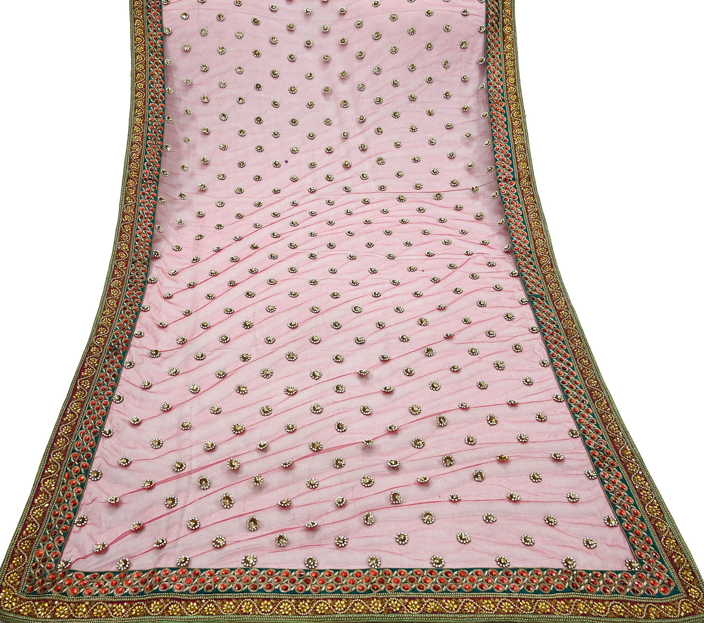 Indian Vintage Heavy Pink Dupatta Net Mesh Long Stole Hand Embroidered Scarf Zardozi Zari Glass Beaded Stole