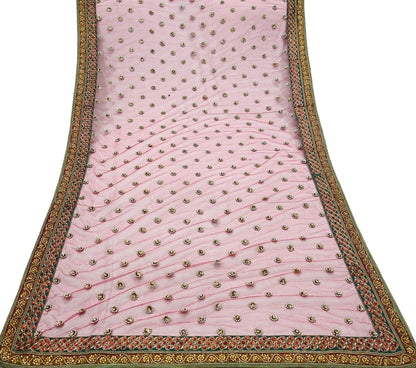 Indian Vintage Heavy Pink Dupatta Net Mesh Long Stole Hand Embroidered Scarf Zardozi Zari Glass Beaded Stole