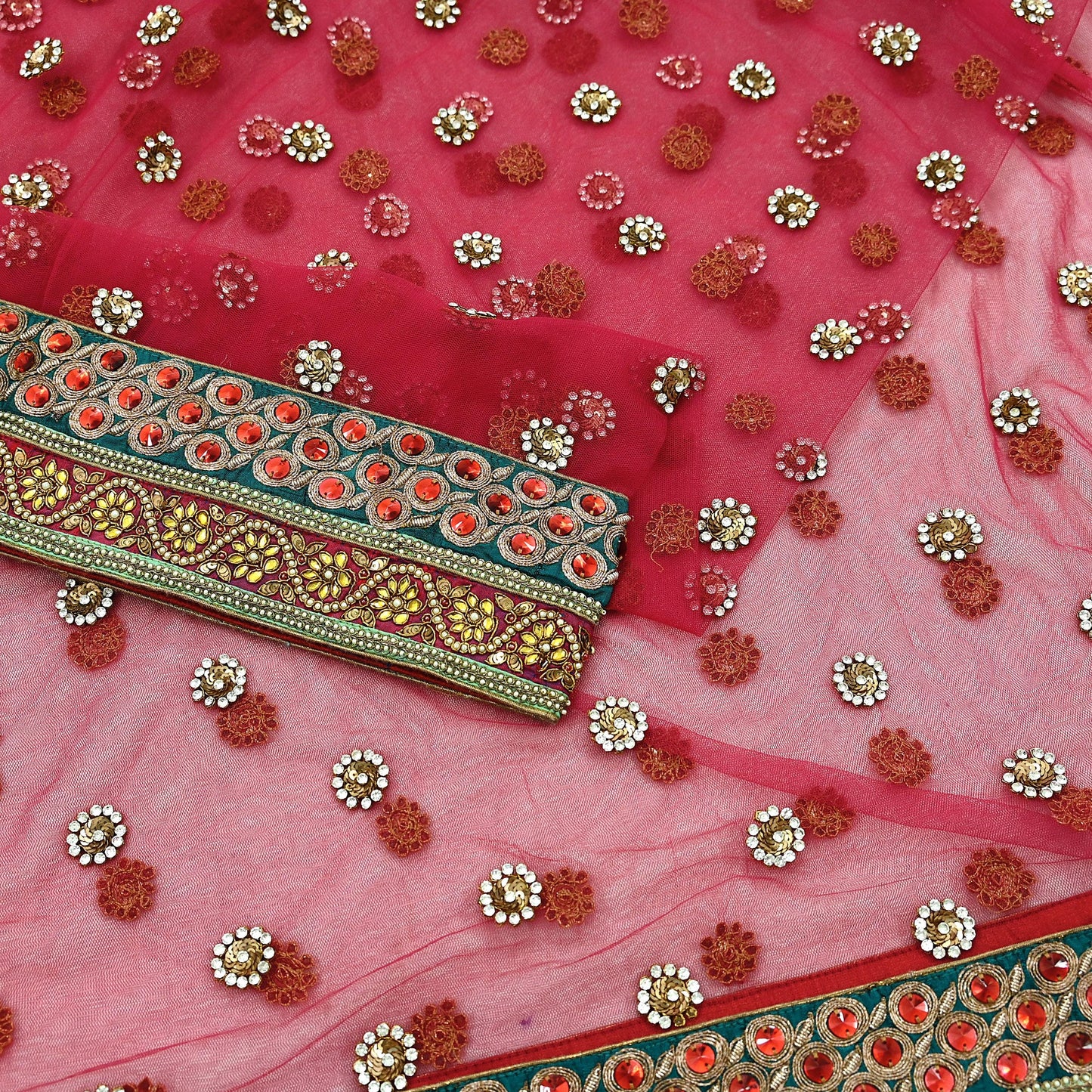 Indian Vintage Heavy Pink Dupatta Net Mesh Long Stole Hand Embroidered Scarf Zardozi Zari Glass Beaded Stole