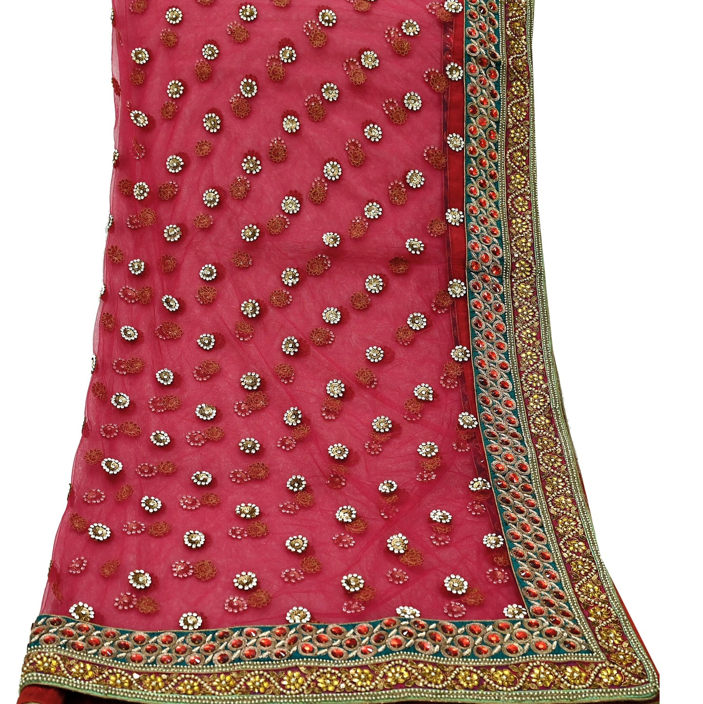 Indian Vintage Heavy Pink Dupatta Net Mesh Long Stole Hand Embroidered Scarf Zardozi Zari Glass Beaded Stole