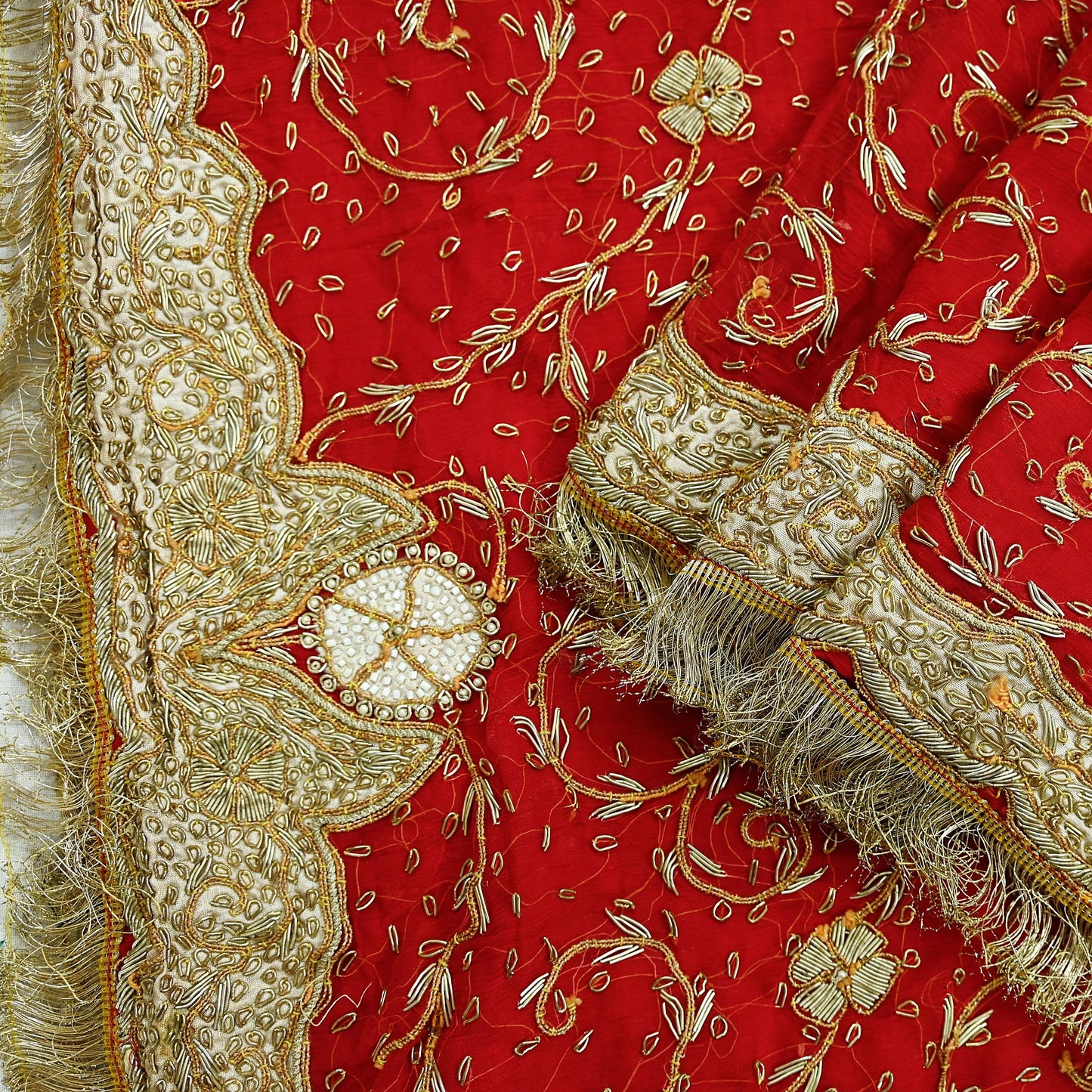 Indian Vintage Heavy Bridal Red Dupatta Pure Chiffon Silk Long Stole Hand Embroidered Scarf Zardozi/Dabka Zari Sequins Wedding Veil Hijab