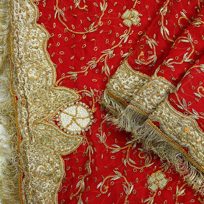 Indian Vintage Heavy Bridal Red Dupatta Pure Chiffon Silk Long Stole Hand Embroidered Scarf Zardozi/Dabka Zari Sequins Wedding Veil Hijab