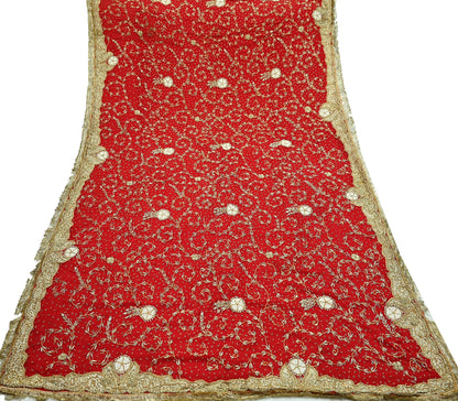 Indian Vintage Heavy Bridal Red Dupatta Pure Chiffon Silk Long Stole Hand Embroidered Scarf Zardozi/Dabka Zari Sequins Wedding Veil Hijab
