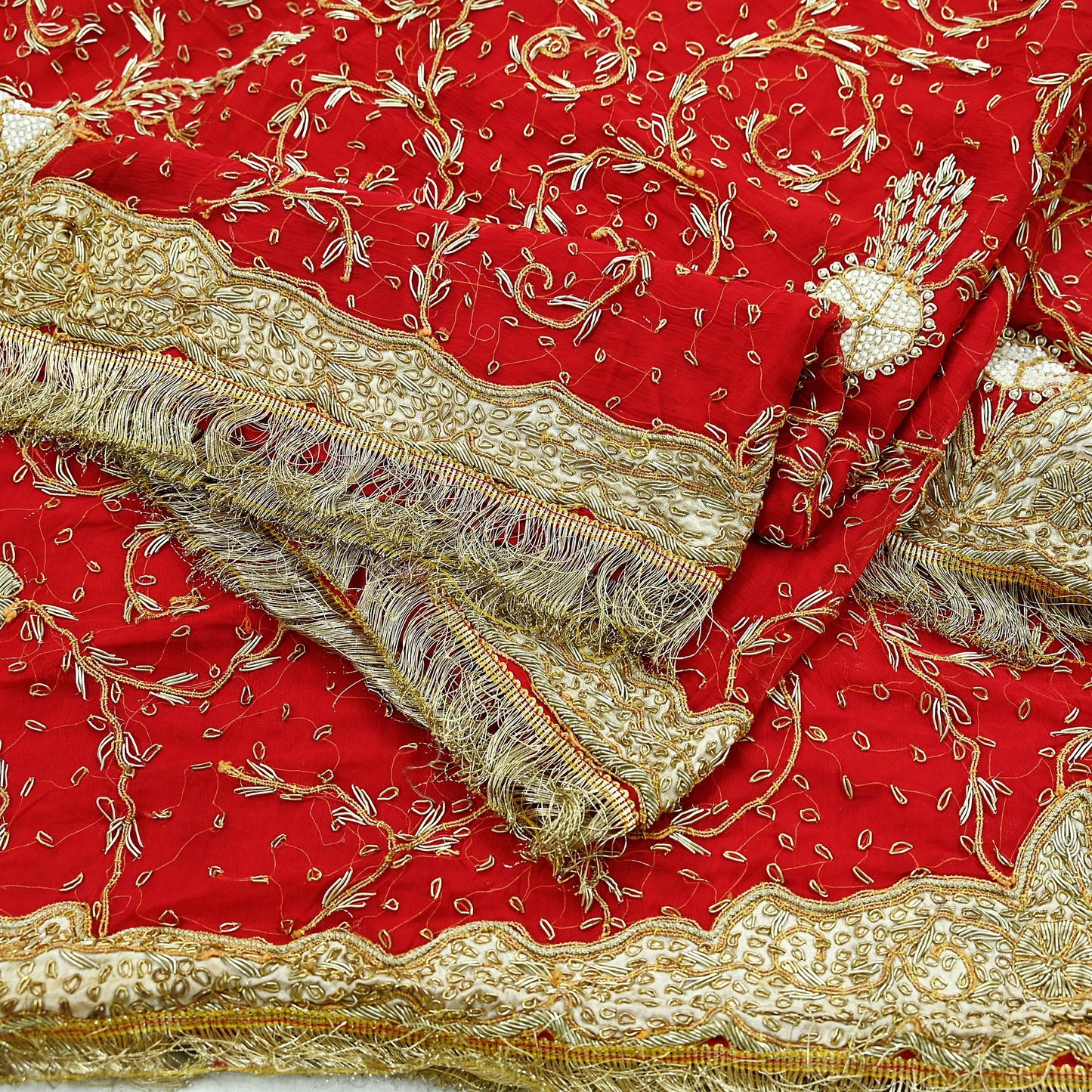 Indian Vintage Heavy Bridal Red Dupatta Pure Chiffon Silk Long Stole Hand Embroidered Scarf Zardozi/Dabka Zari Sequins Wedding Veil Hijab
