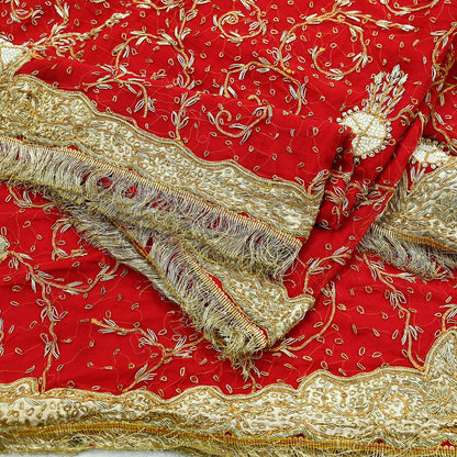 Indian Vintage Heavy Bridal Red Dupatta Pure Chiffon Silk Long Stole Hand Embroidered Scarf Zardozi/Dabka Zari Sequins Wedding Veil Hijab