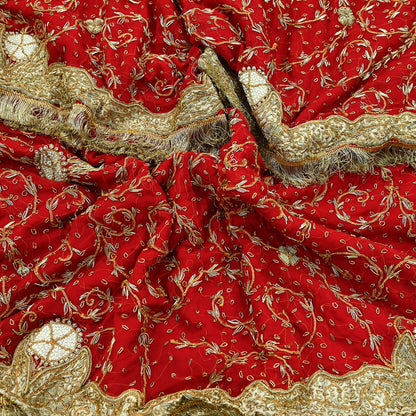 Indian Vintage Heavy Bridal Red Dupatta Pure Chiffon Silk Long Stole Hand Embroidered Scarf Zardozi/Dabka Zari Sequins Wedding Veil Hijab