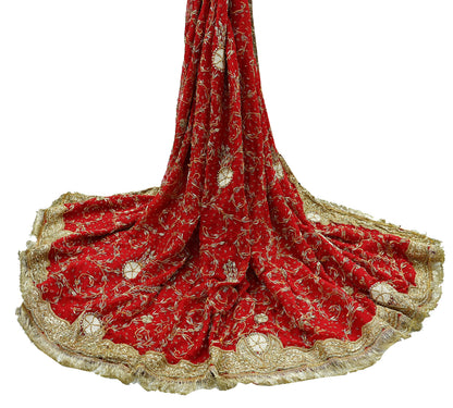 Indian Vintage Heavy Bridal Red Dupatta Pure Chiffon Silk Long Stole Hand Embroidered Scarf Zardozi/Dabka Zari Sequins Wedding Veil Hijab