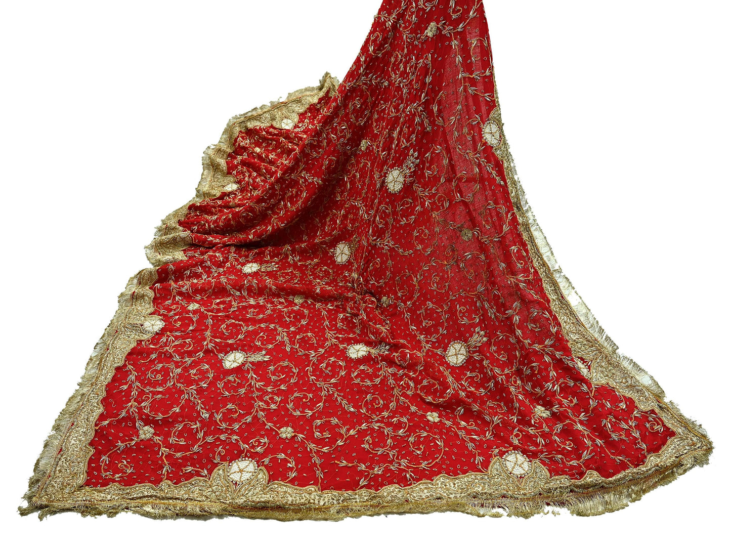Indian Vintage Heavy Bridal Red Dupatta Pure Chiffon Silk Long Stole Hand Embroidered Scarf Zardozi/Dabka Zari Sequins Wedding Veil Hijab